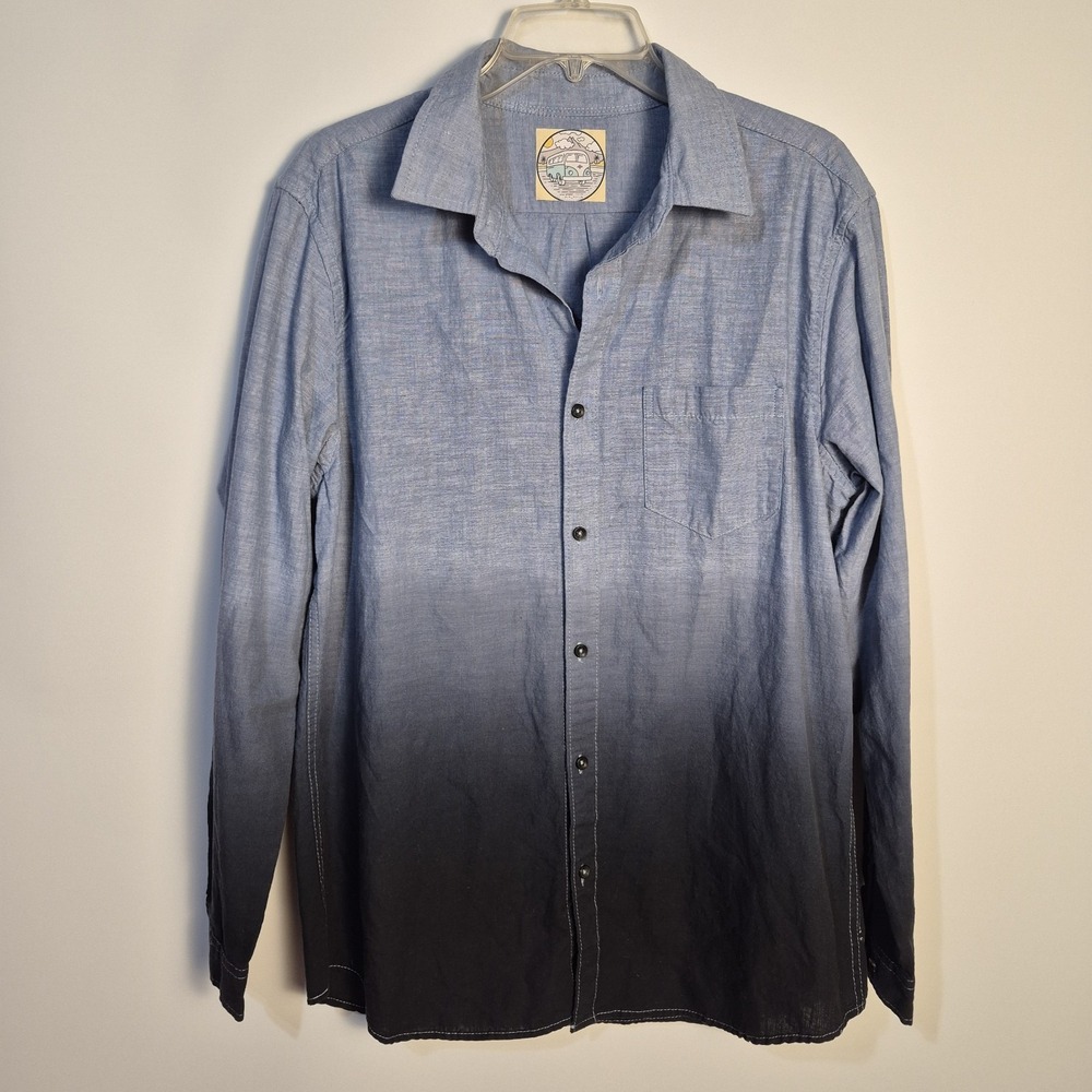 FLANNELABILITY Women L Graphic Button Down Ombre Blue Black 100 Cotton Shirt